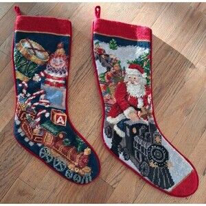 Vintage Needlepoint Christmas Stockings Santa ToysTapestry Velvet Backing